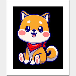 Cute Shiba Inu Dog Sitting With Scarf Cartoon Posters and Art